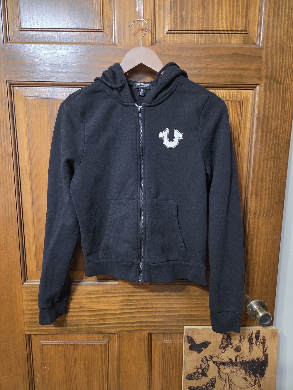 True Religion Black Zip Cropped Hoodie with Logo Patch
